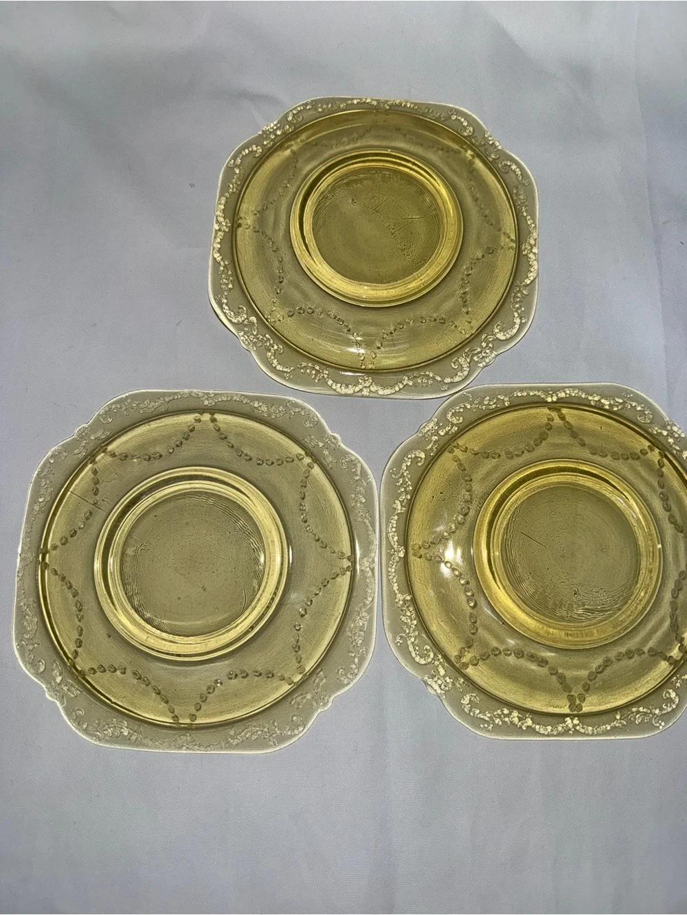 Vintage Amber Depression Glass Square Saucers Set of 3 Etched